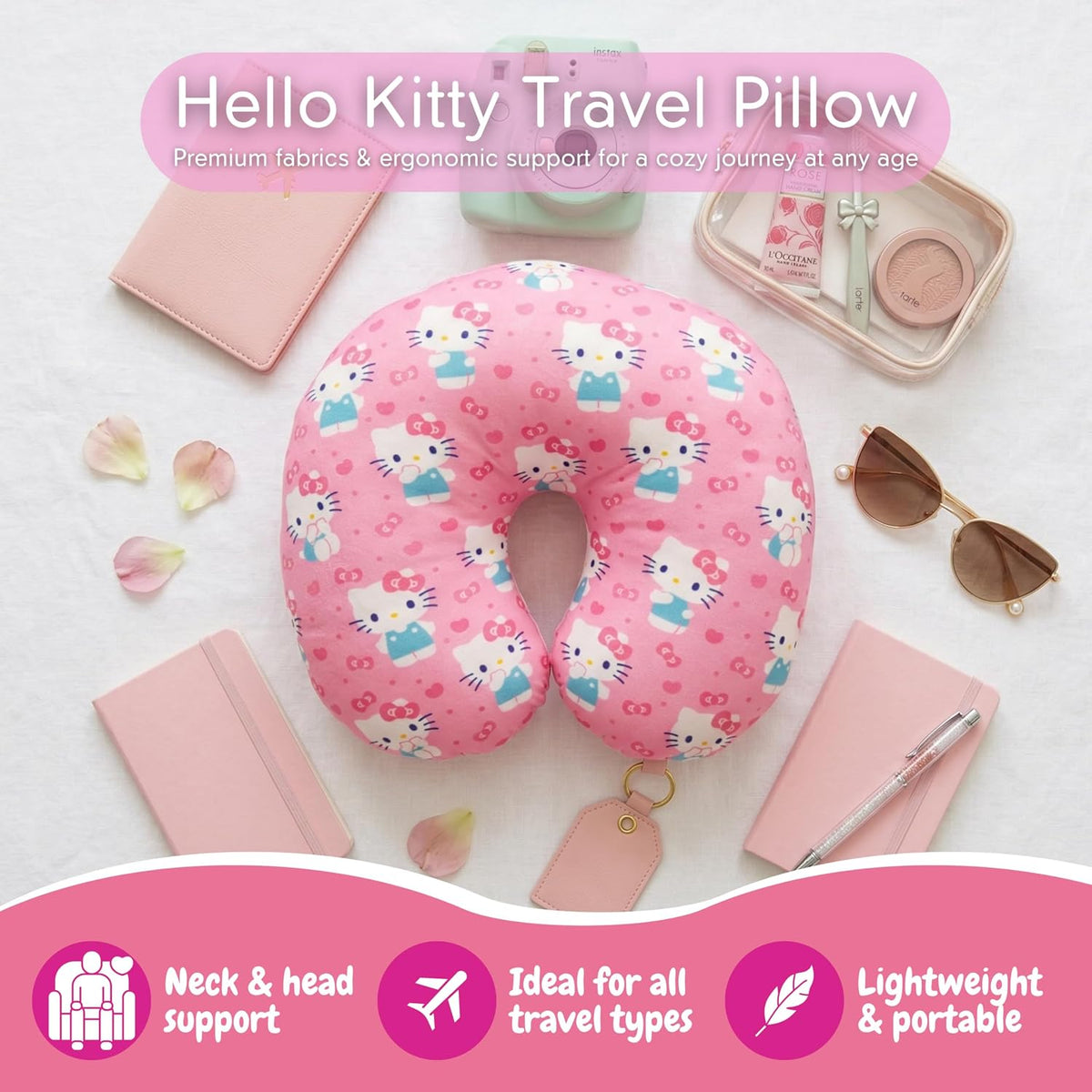 Hello Kitty Travel Neck Pillow, Bows and Hearts