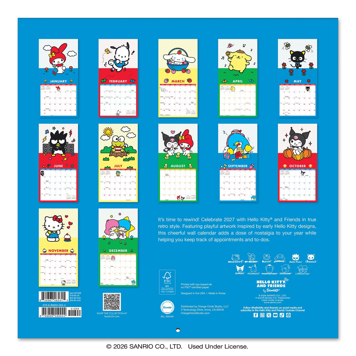 Hello Kitty and Friends 2027 Retro Hanging Wall Calendar