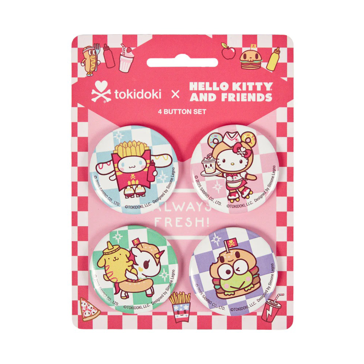 Hello Kitty and Friends x tokidoki 4-pc Button Set (Fast Food)