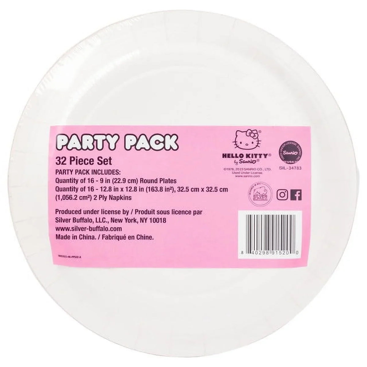 Hello Kitty Paper Napkin And Plate 32 Piece Party Pack, Pink Dots