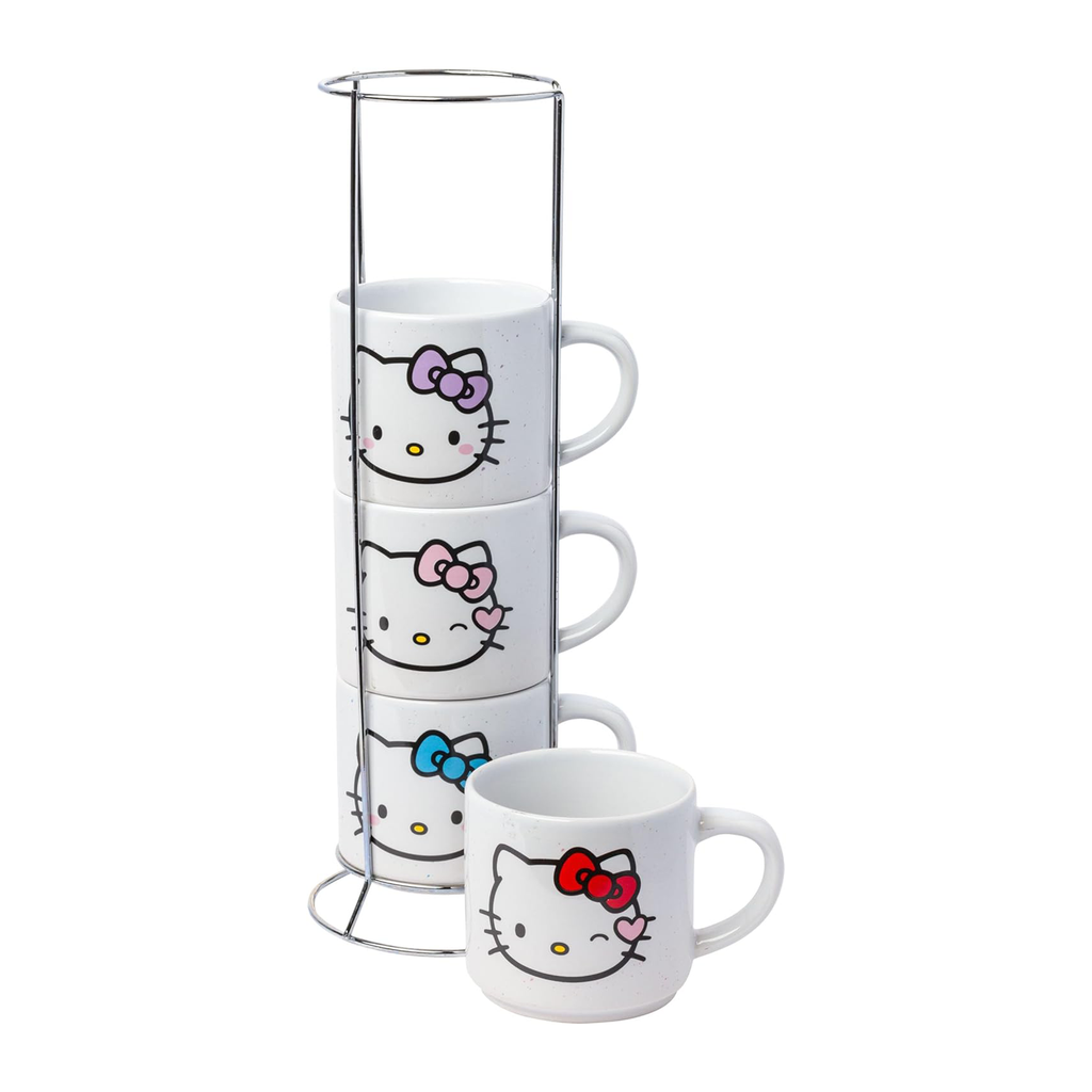Hello Kitty Winking Hearts 4 Piece Ceramic Mug Stack With Rack