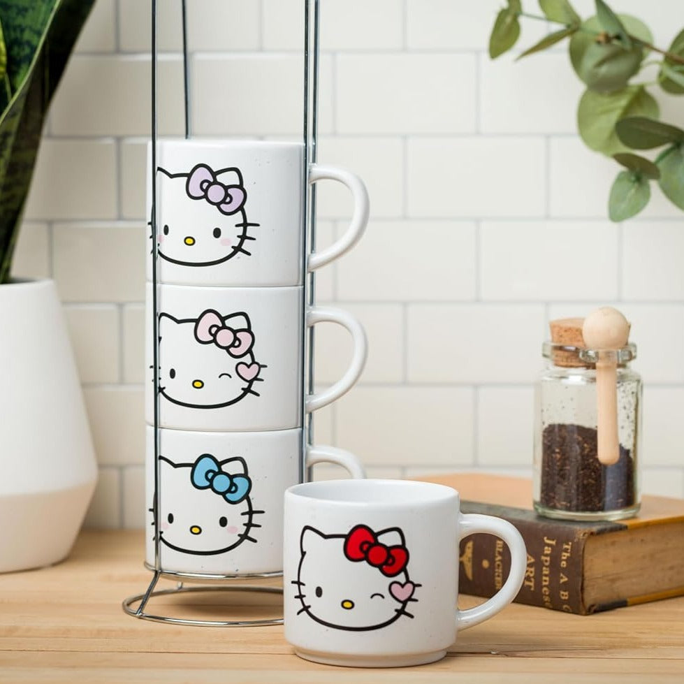 Hello Kitty Winking Hearts 4 Piece Ceramic Mug Stack With Rack