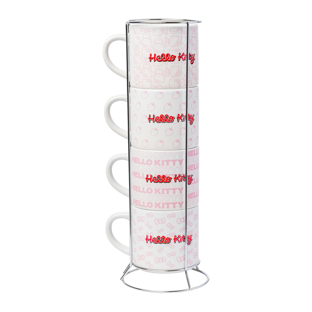 Hello Kitty Expressions 4 Piece Ceramic Mug Stack With Rack