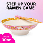Hello Kitty Ceramic Noodle Bowl and Chopstick Set, Golden Flowers