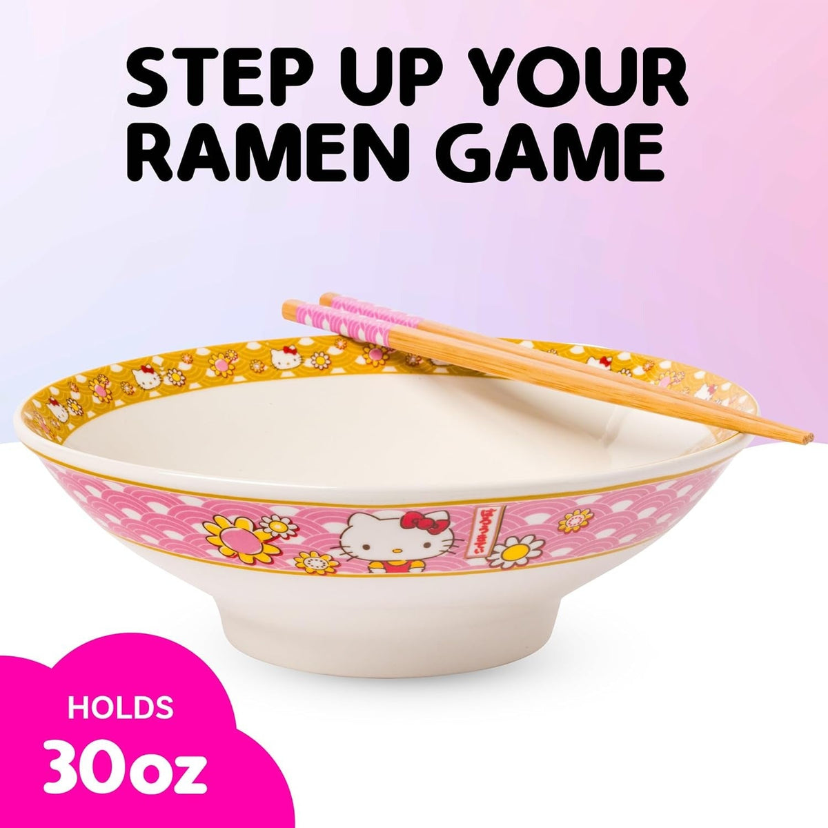 Hello Kitty Ceramic Noodle Bowl and Chopstick Set, Golden Flowers
