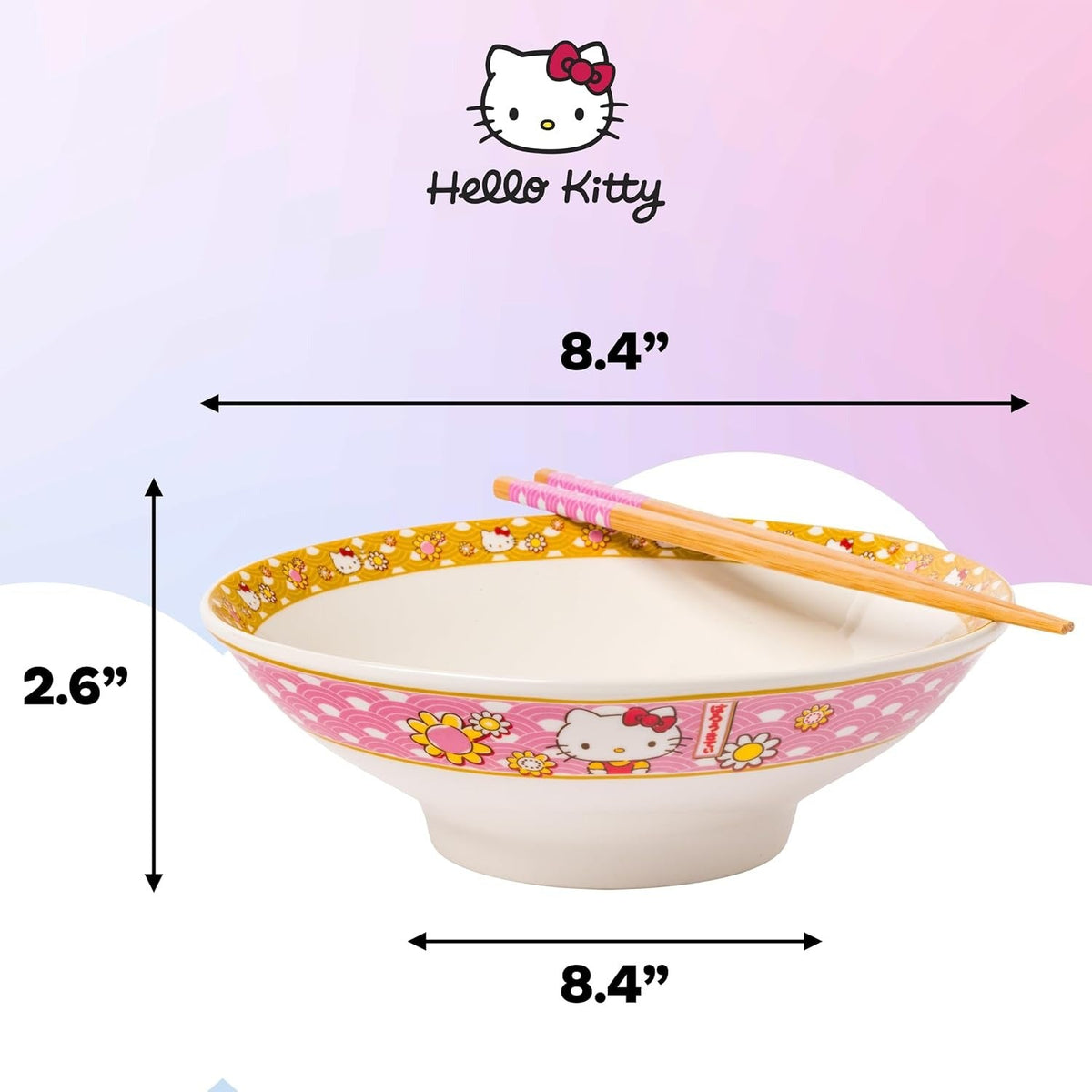 Hello Kitty Ceramic Noodle Bowl and Chopstick Set, Golden Flowers