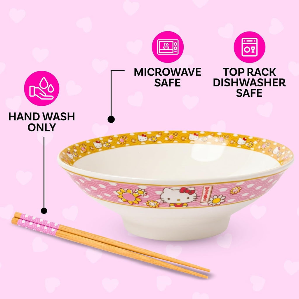 Hello Kitty Ceramic Noodle Bowl and Chopstick Set, Golden Flowers