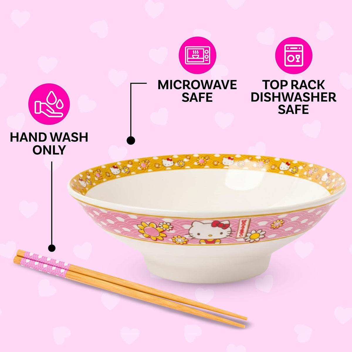 Hello Kitty Ceramic Noodle Bowl and Chopstick Set, Golden Flowers