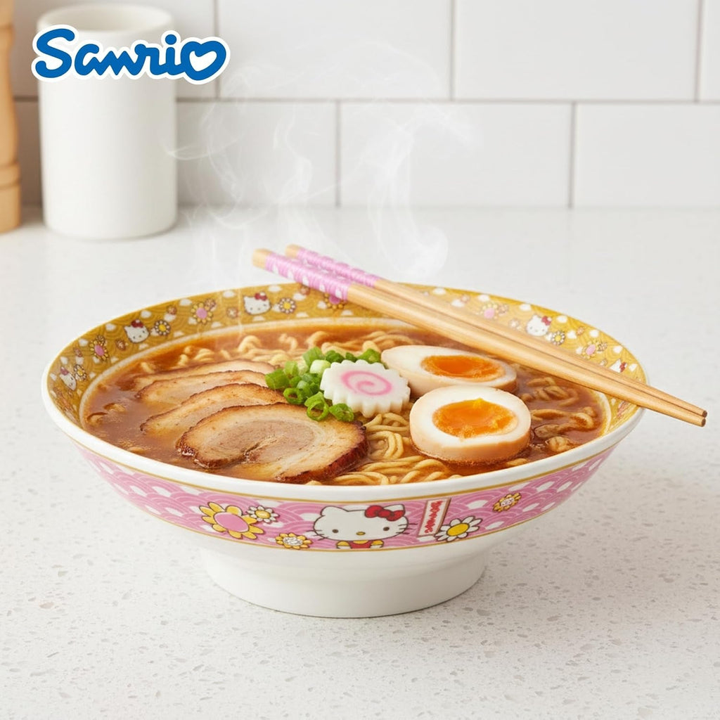 Hello Kitty Ceramic Noodle Bowl and Chopstick Set, Golden Flowers