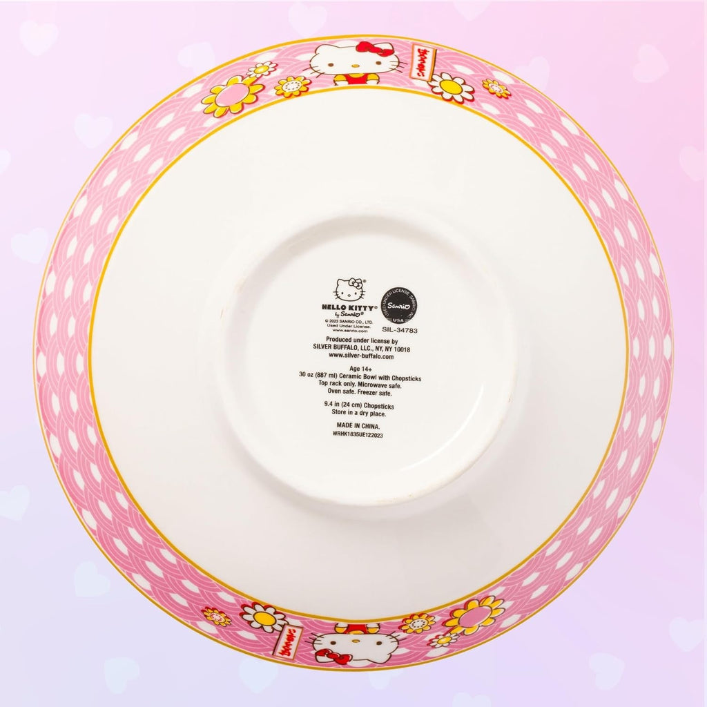 Hello Kitty Ceramic Noodle Bowl and Chopstick Set, Golden Flowers