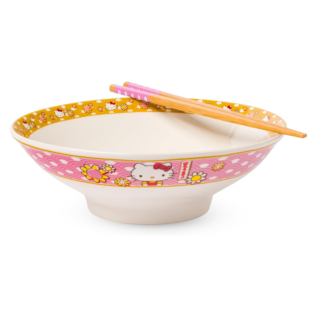 Hello Kitty Ceramic Noodle Bowl and Chopstick Set (Golden Flowers)
