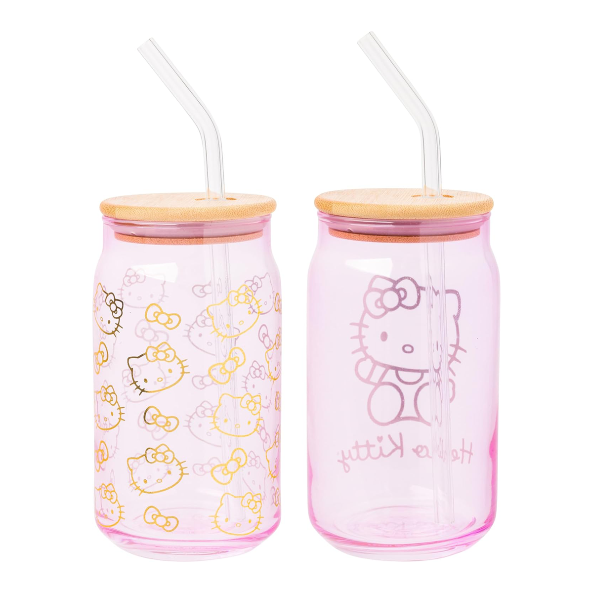 Hello Kitty Pink Glass Jar Tumblers With Bamboo Lid, Set Of 2