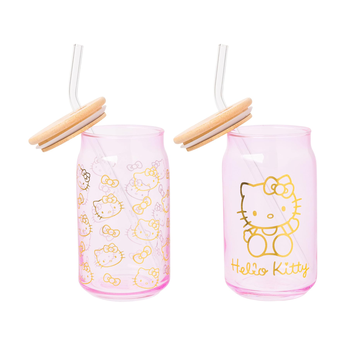 Hello Kitty Pink Glass Jar Tumblers With Bamboo Lid, Set Of 2