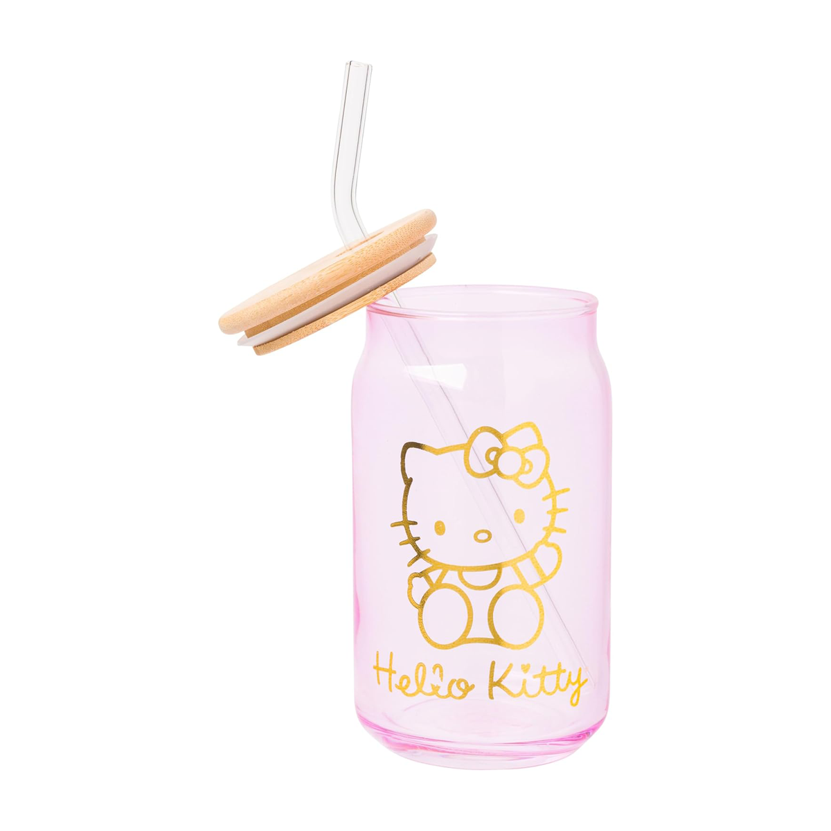 Hello Kitty Pink Glass Jar Tumblers With Bamboo Lid, Set Of 2