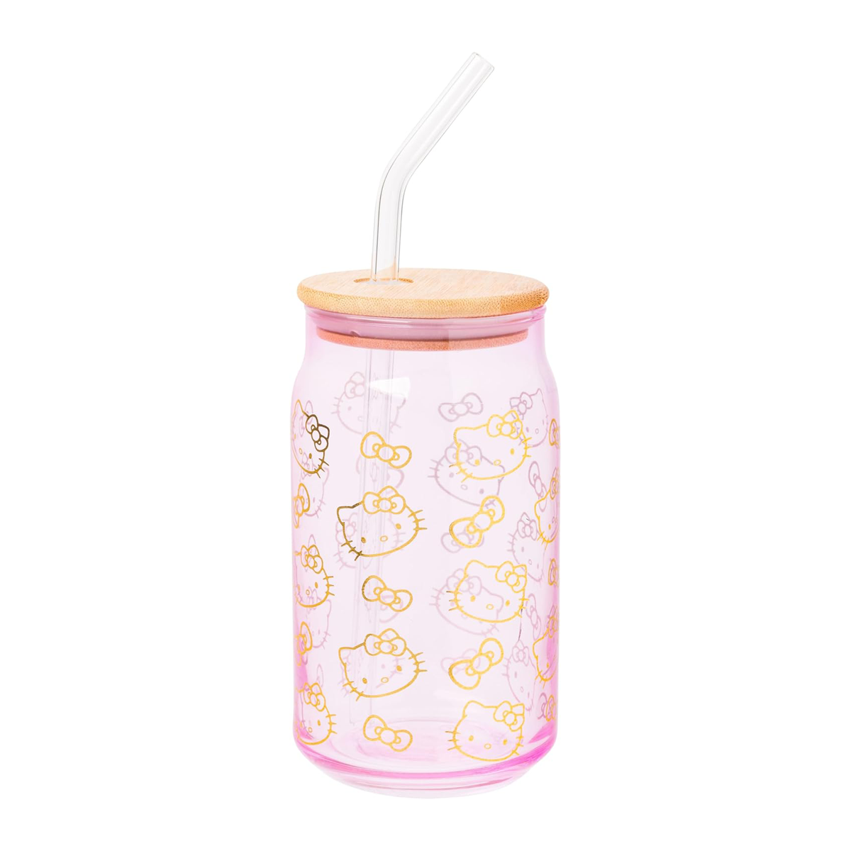 Hello Kitty Pink Glass Jar Tumblers With Bamboo Lid, Set Of 2