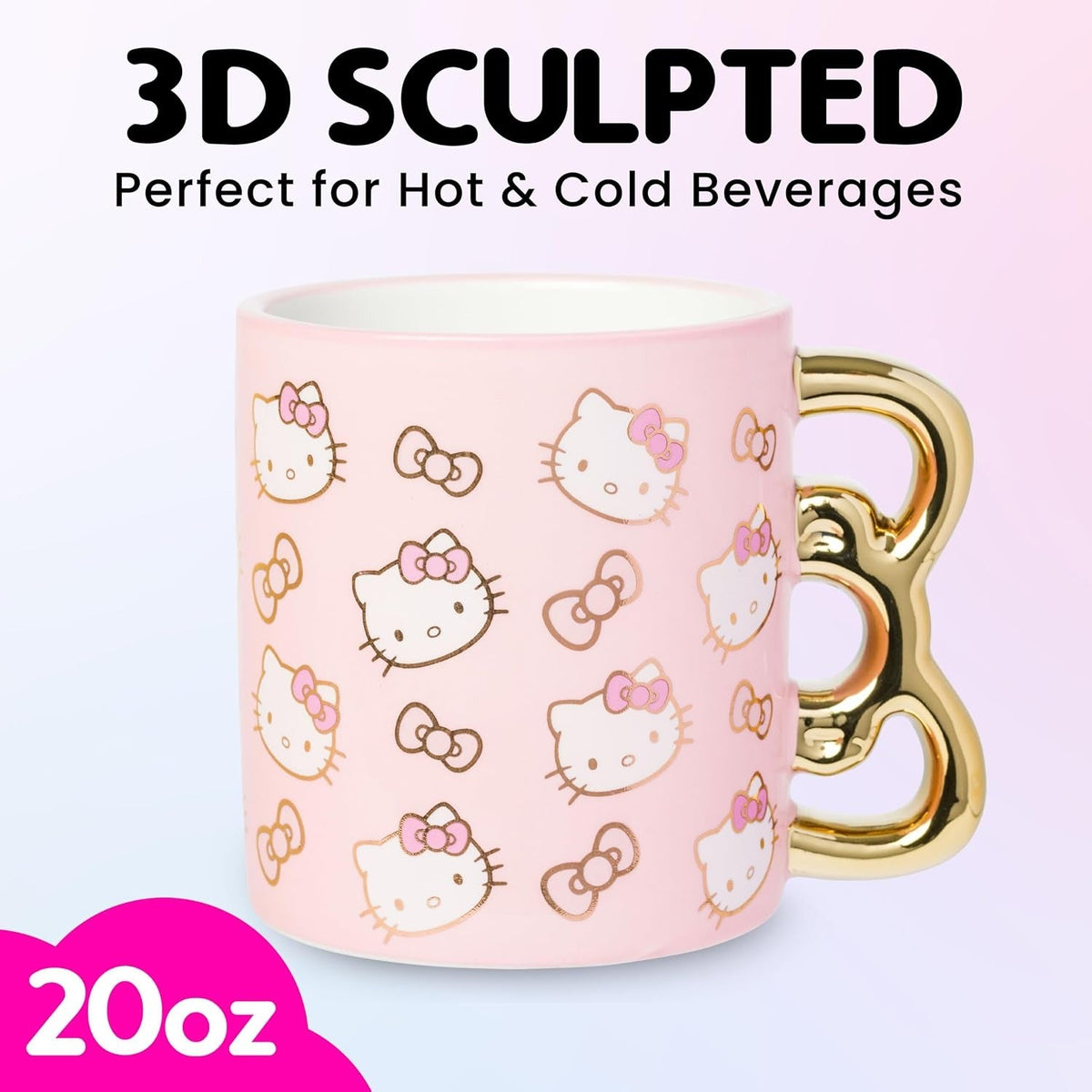 Hello Kitty Sculpted Bow Ceramic Mug, Pink and Gold