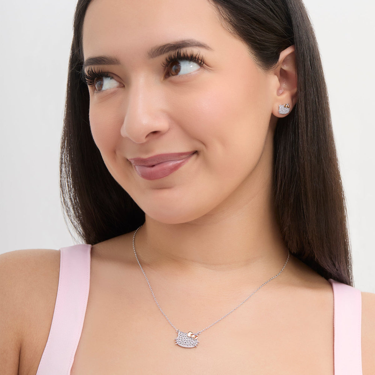Hello Kitty Two-Tone Gold Plated Pave Necklace With White Sapphire, 18 Inch