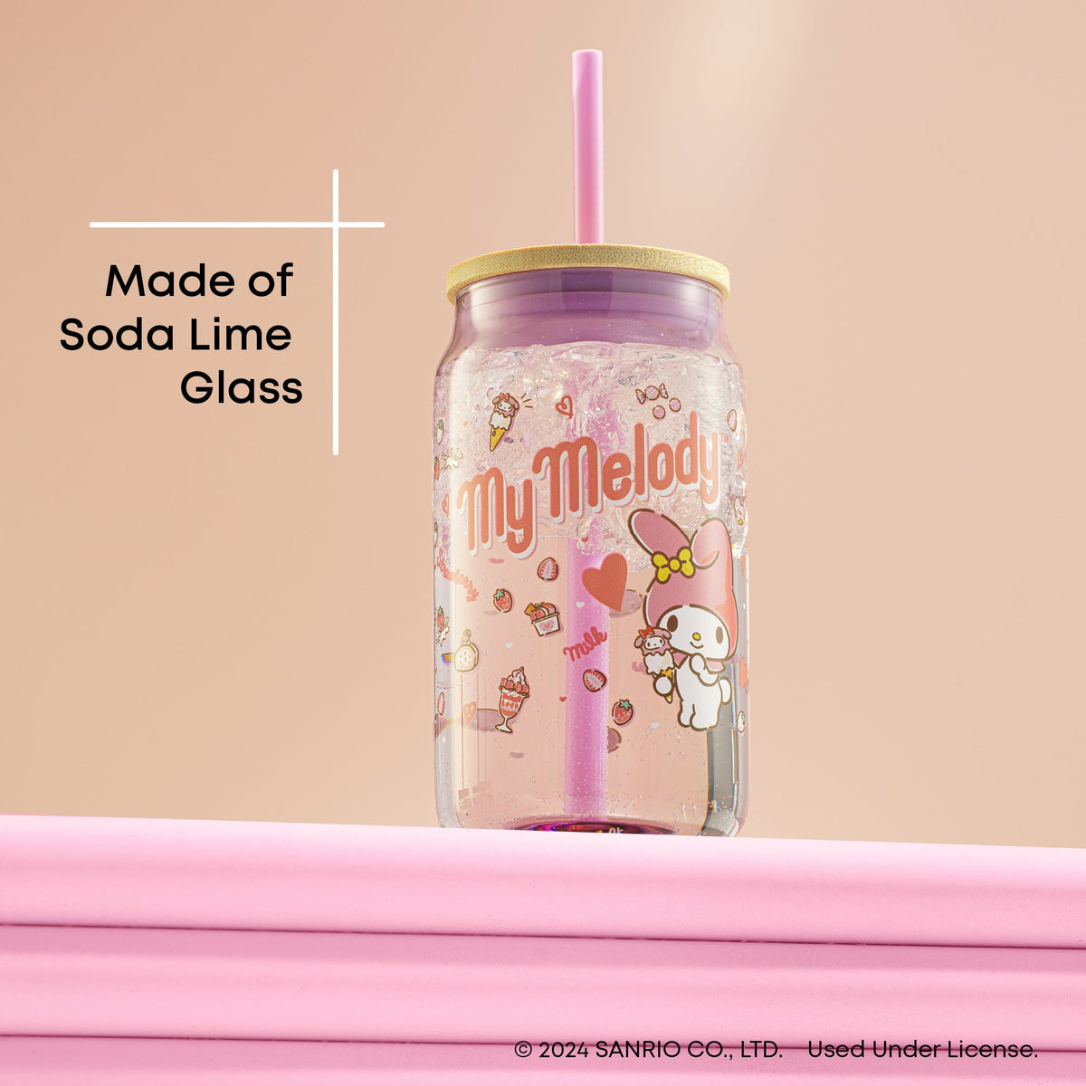 My Melody Lidded Glass Tumbler with Reusable Straw