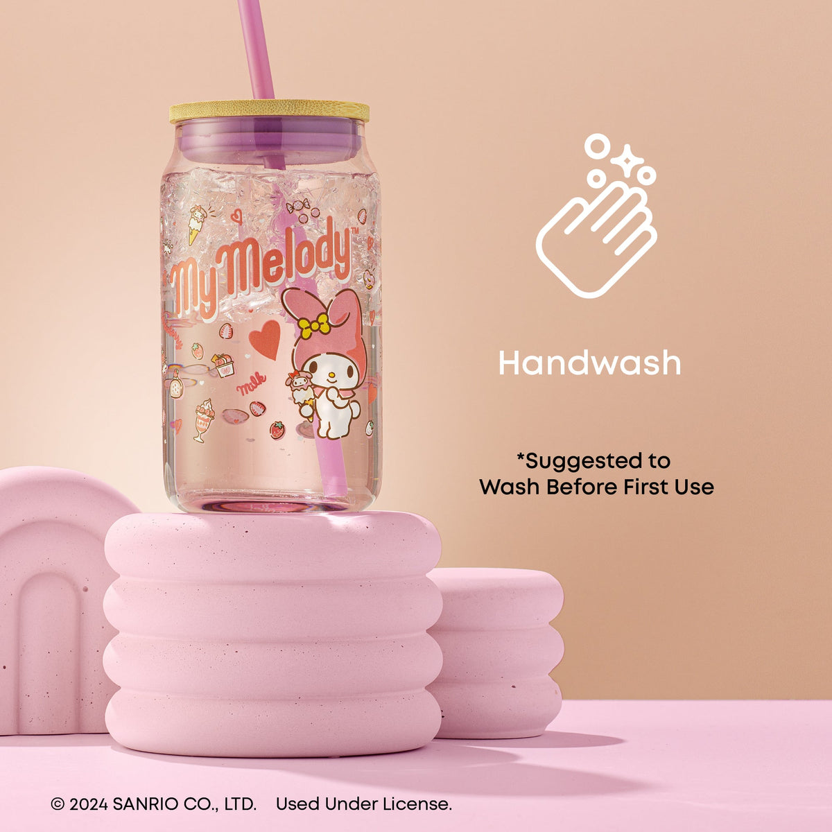 My Melody Lidded Glass Tumbler with Reusable Straw