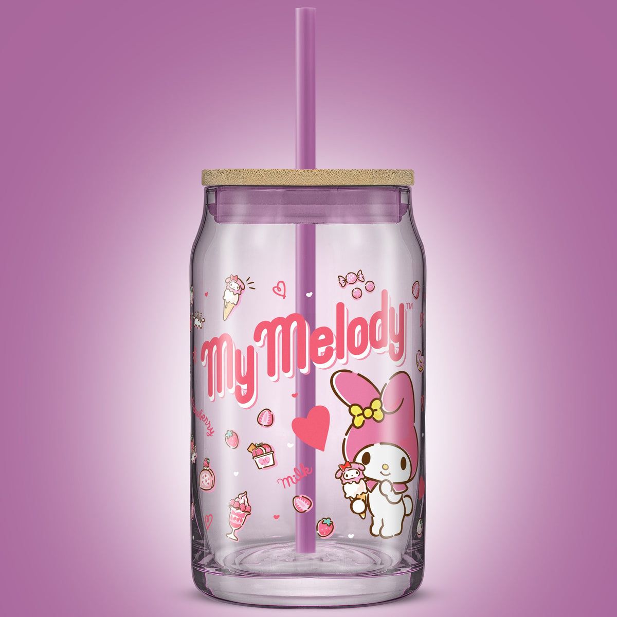 My Melody Lidded Glass Tumbler with Reusable Straw