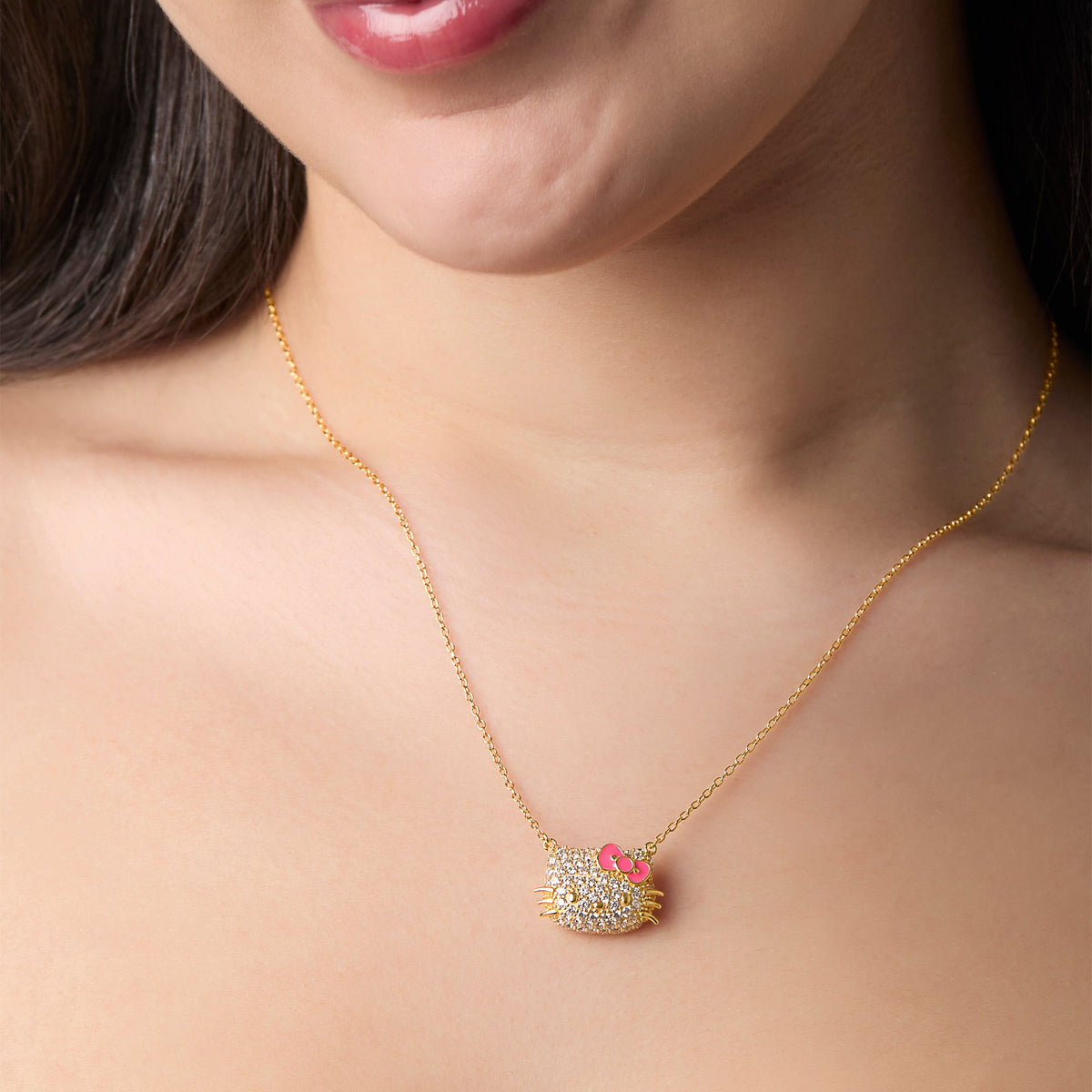 Hello Kitty 18 Inch Gold Plated Face Pave 3D Necklace