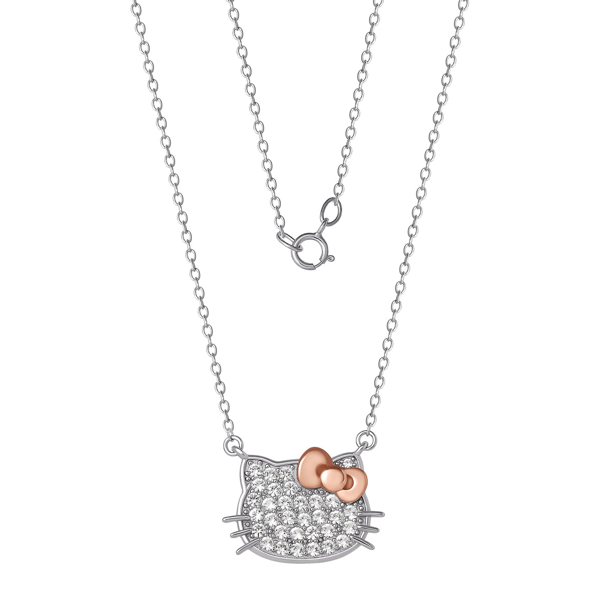 Hello Kitty Two-Tone Gold Plated Pave Necklace With White Sapphire, 18 Inch