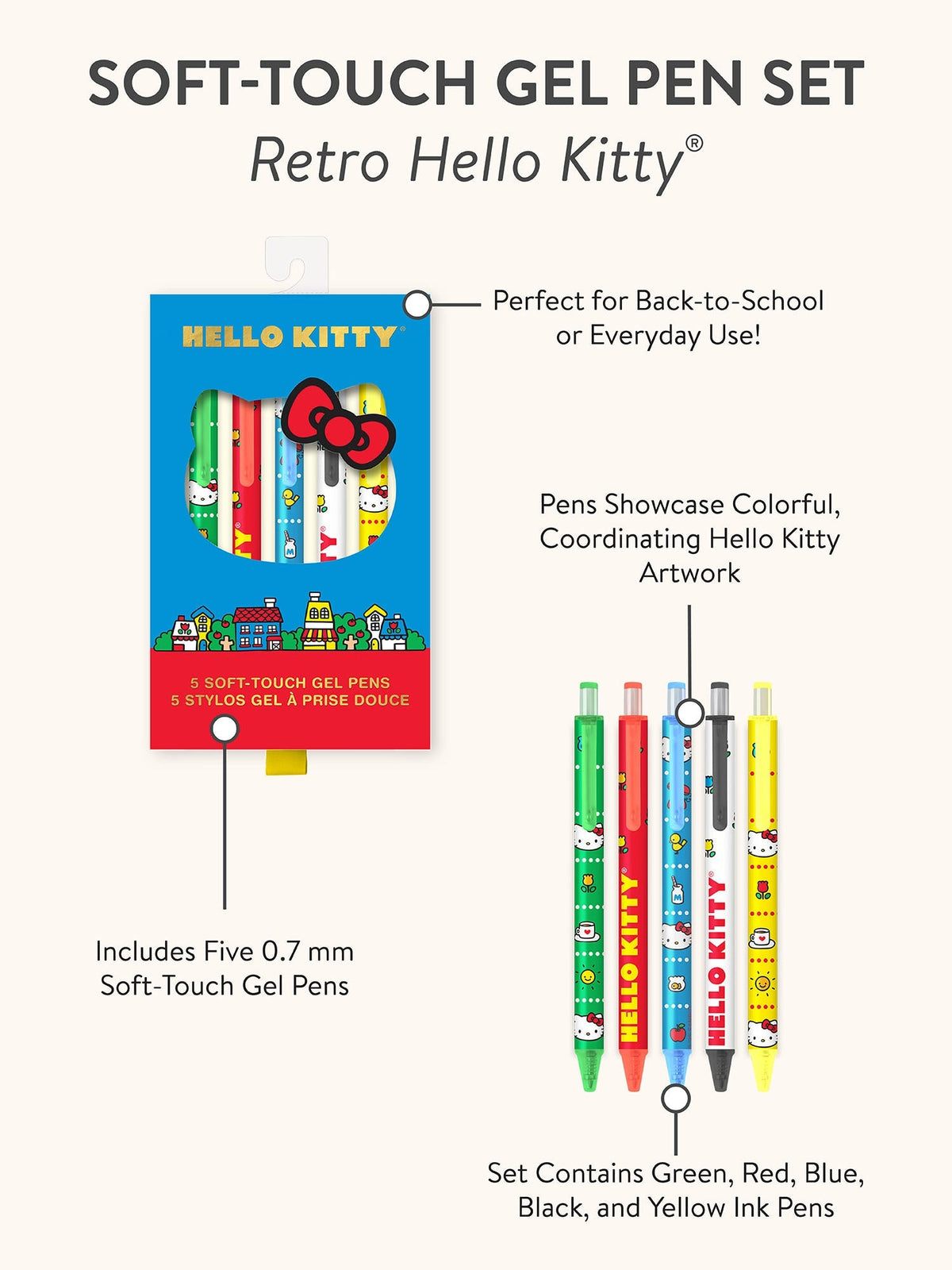 Hello Kitty x Studio Oh Retro Red Soft-Touch Gel Pens, Set of 5