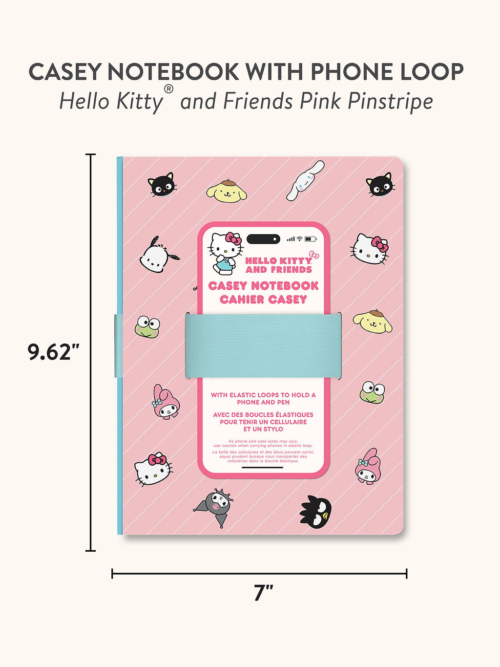 Hello Kitty And Friends Pink Pinstripe Casey Notebook With Phone Loop by Studio Oh