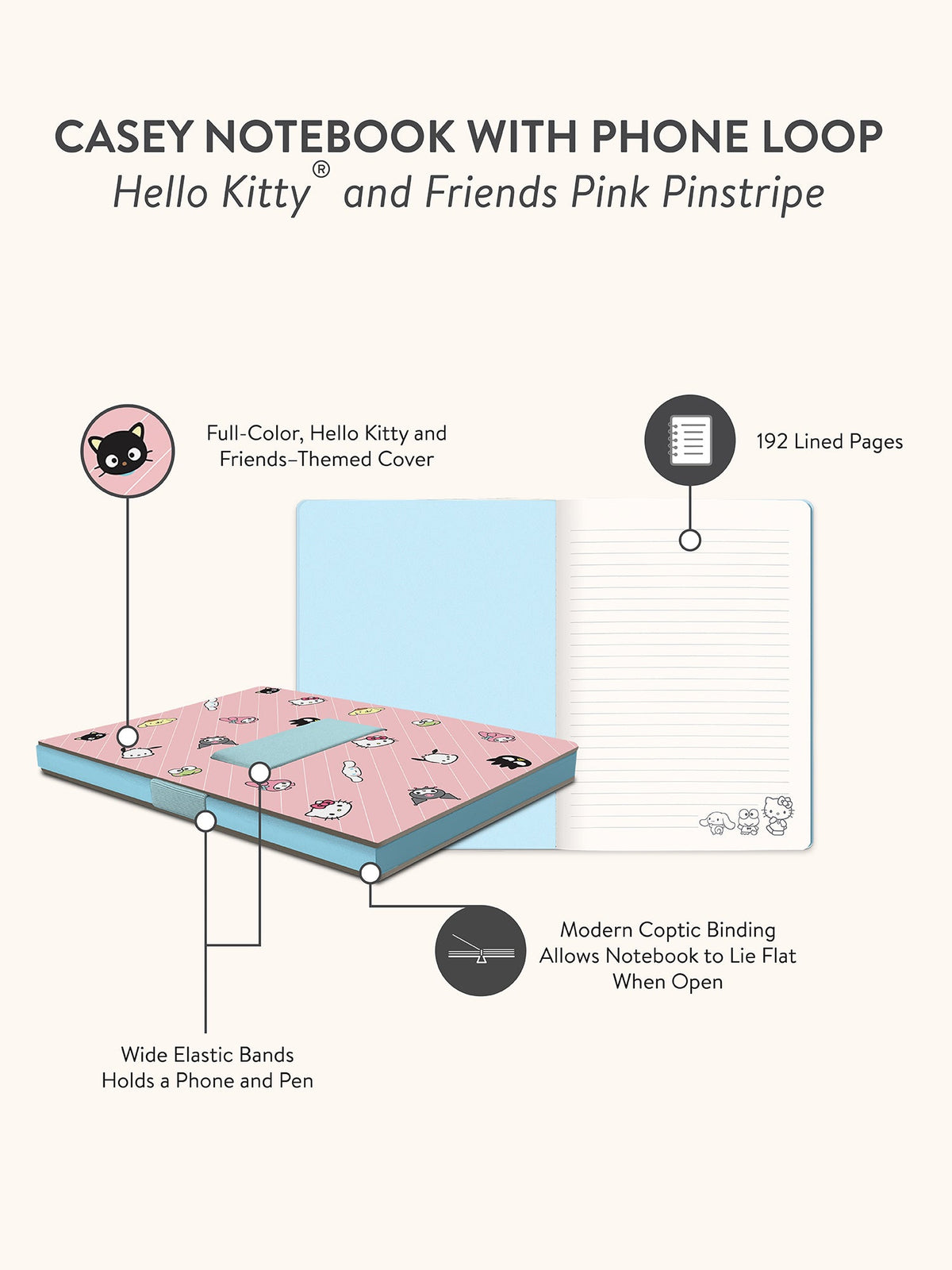 Hello Kitty And Friends Pink Pinstripe Casey Notebook With Phone Loop by Studio Oh