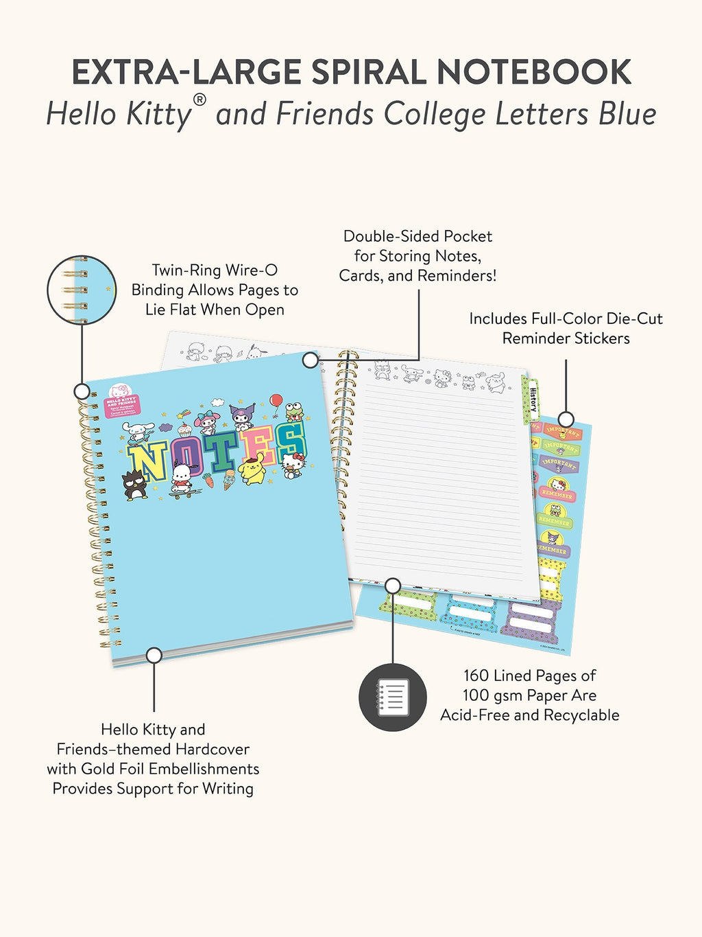 Hello Kitty And Friends College Letters Blue XL Spiral Notebook by Studio Oh