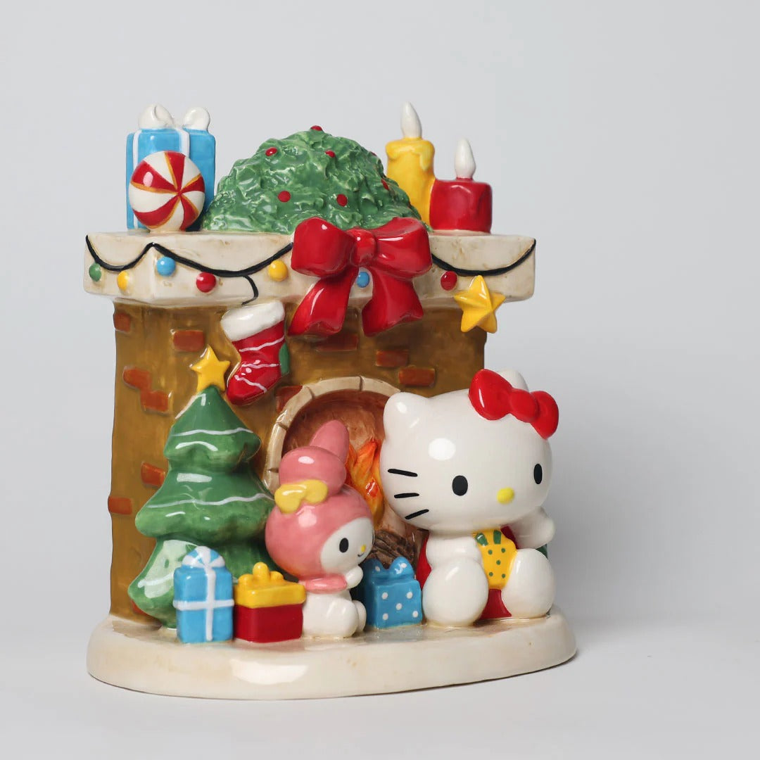 Hello Kitty and My Melody Hand-Painted Holiday Fireplace Ceramic Figurine