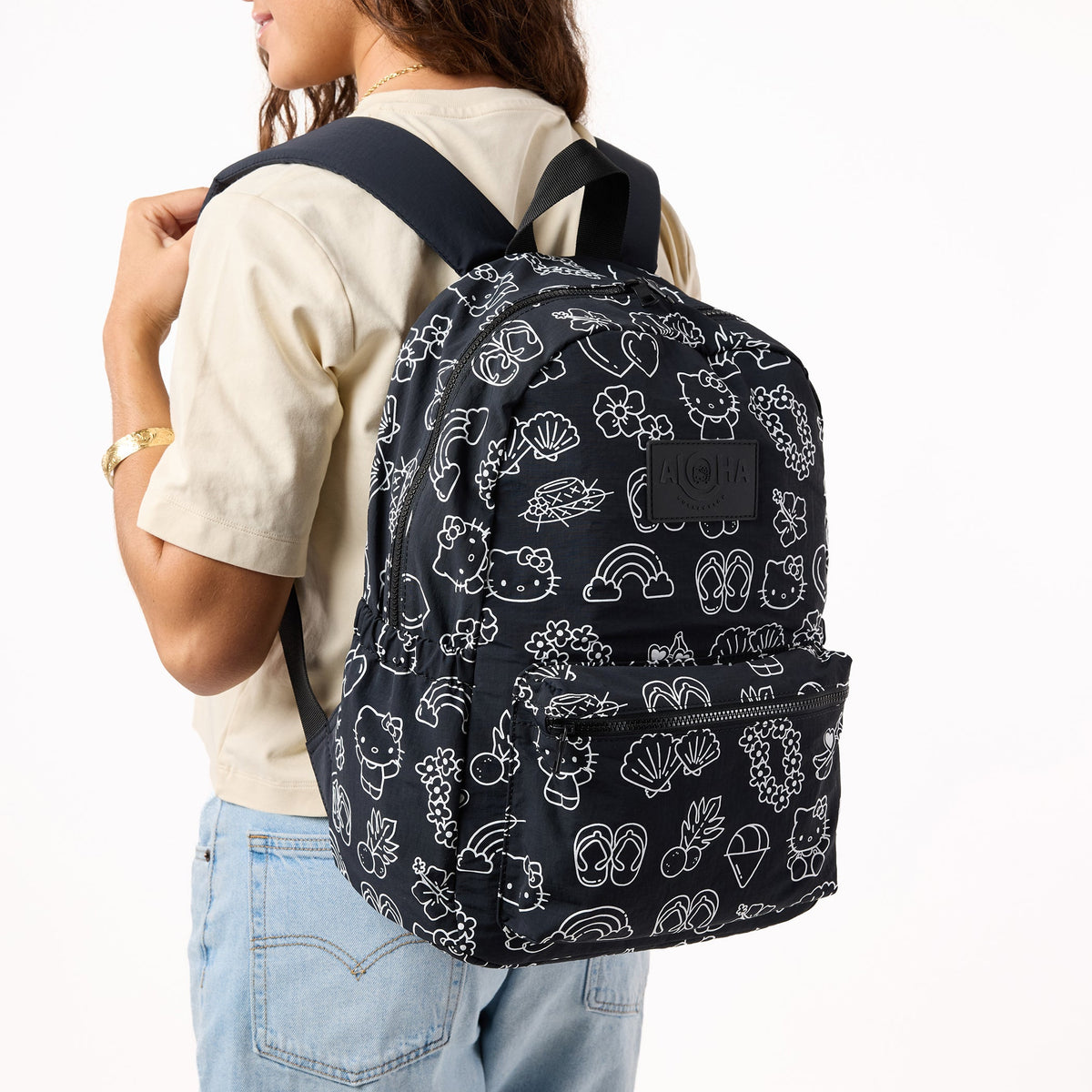 Hello Kitty Aloha Collection Keep It Light Backpack, Black and White Icons
